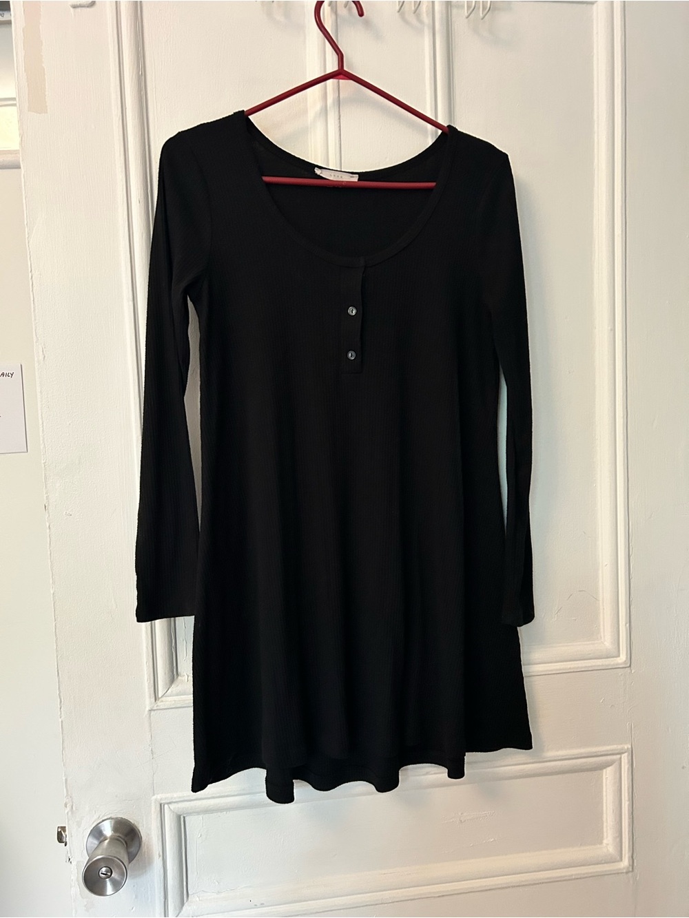 Black Long-Sleeve Ribbed Henley Dress